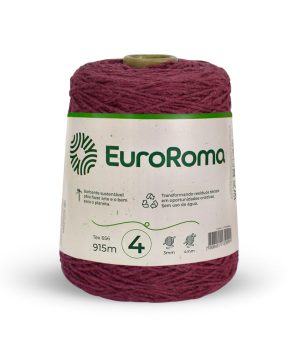 Foto com fundo branco contendo um cone do barbante euroroma n°4 de 600g na cor bordô
