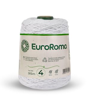 Foto com fundo branco contendo um cone do barbante euroroma n°4 de 600g na cor branco