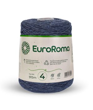 Foto com fundo branco contendo um cone do barbante euroroma n°4 de 600g na cor jeans