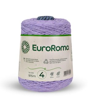 Foto com fundo branco contendo um cone do barbante euroroma n°4 de 600g na cor lilás claro