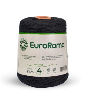 Foto com fundo branco contendo um cone do barbante euroroma n°4 de 600g na cor preto