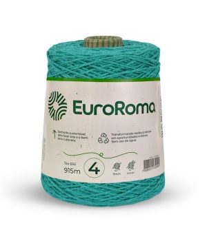 Foto com fundo branco contendo um cone do barbante euroroma n°4 de 600g na cor verde água escuro