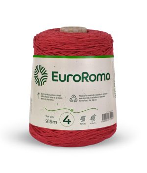Foto com fundo branco contendo um cone do barbante euroroma n°4 de 600g na cor vermelho