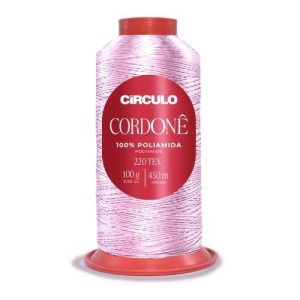 Foto com fundo branco contendo um cone do fio cordonê círculo na cor rosa candy