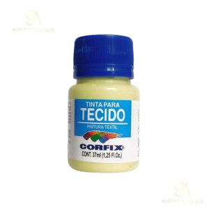 foto com fundo branco com a logo da JA AVIAMENTOS e no centro da foto tem a tinta para tecido fosca corfix na cor amarelo bebê