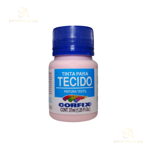 foto com fundo branco com a logo da JA AVIAMENTOS e no centro da foto tem a tinta para tecido fosca corfix na cor rosa bebê