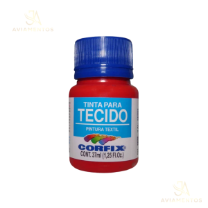foto com fundo branco com a logo da JA AVIAMENTOS e no centro da foto tem a tinta para tecido fosca corfix na cor vermelho escarlate