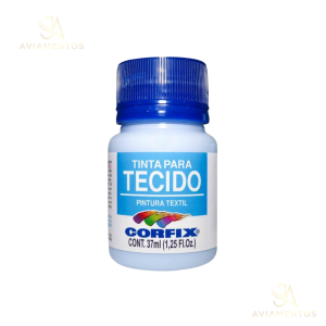 foto com fundo branco com a logo da JA AVIAMENTOS e no centro da foto tem a tinta para tecido fosca corfix na cor azul bebê