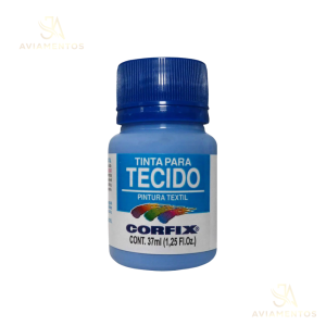 foto com fundo branco com a logo da JA AVIAMENTOS e no centro da foto tem a tinta para tecido fosca corfix na cor azul caribe