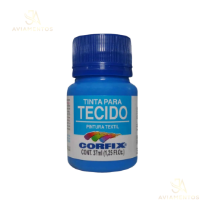foto com fundo branco com a logo da JA AVIAMENTOS e no centro da foto tem a tinta para tecido fosca corfix na cor azul celeste