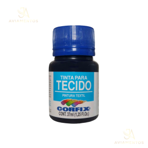 foto com fundo branco com a logo da JA AVIAMENTOS e no centro da foto tem a tinta para tecido fosca corfix na cor azul marinho