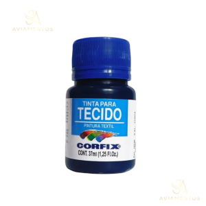 foto com fundo branco com a logo da JA AVIAMENTOS e no centro da foto tem a tinta para tecido fosca corfix na cor azul turquesa