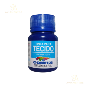 foto com fundo branco com a logo da JA AVIAMENTOS e no centro da foto tem a tinta para tecido fosca corfix na cor azul ultramar