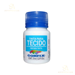 foto com fundo branco com a logo da JA AVIAMENTOS e no centro da foto tem a tinta para tecido fosca corfix na cor branco