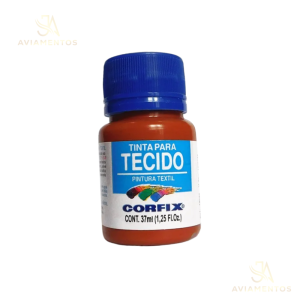 foto com fundo branco com a logo da JA AVIAMENTOS e no centro da foto tem a tinta para tecido fosca corfix na cor caramelo