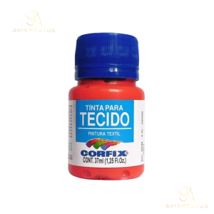 foto com fundo branco com a logo da JA AVIAMENTOS e no centro da foto tem a tinta para tecido fosca corfix na cor coral