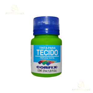 foto com fundo branco com a logo da JA AVIAMENTOS e no centro da foto tem a tinta para tecido fosca corfix na cor maçã verde