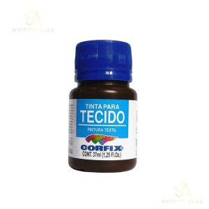 foto com fundo branco com a logo da JA AVIAMENTOS e no centro da foto tem a tinta para tecido fosca corfix na cor marrom