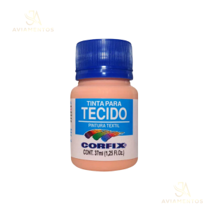 foto com fundo branco com a logo da JA AVIAMENTOS e no centro da foto tem a tinta para tecido fosca corfix na cor pêssego