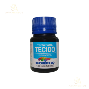 foto com fundo branco com a logo da JA AVIAMENTOS e no centro da foto tem a tinta para tecido fosca corfix na cor preto