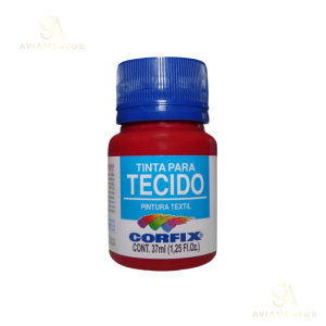 foto com fundo branco com a logo da JA AVIAMENTOS e no centro da foto tem a tinta para tecido fosca corfix na cor púrura