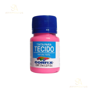 foto com fundo branco com a logo da JA AVIAMENTOS e no centro da foto tem a tinta para tecido fosca corfix na cor rosa