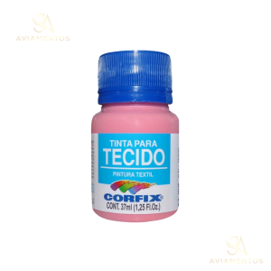 foto com fundo branco com a logo da JA AVIAMENTOS e no centro da foto tem a tinta para tecido fosca corfix na cor rosa chá