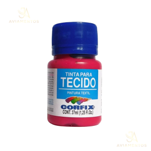 foto com fundo branco com a logo da JA AVIAMENTOS e no centro da foto tem a tinta para tecido fosca corfix na cor rosa escuro