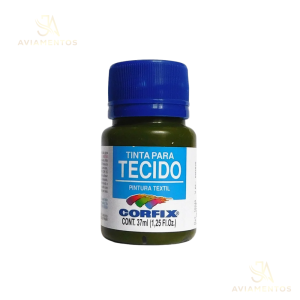 foto com fundo branco com a logo da JA AVIAMENTOS e no centro da foto tem a tinta para tecido fosca corfix na cor verde oliva