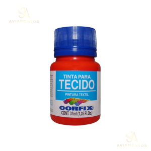 foto com fundo branco com a logo da JA AVIAMENTOS e no centro da foto tem a tinta para tecido fosca corfix na cor vermelho vivo