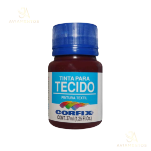 foto com fundo branco com a logo da JA AVIAMENTOS e no centro da foto tem a tinta para tecido fosca corfix na cor vinho