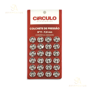 Foto do produto: Colchete de pressão prata N°9 da Círculo com 24 unidades em fundo branco com a logo da JA Aviamentos